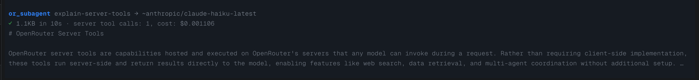 Final result: checkmark with size, duration, server tool calls, and cost, plus output preview