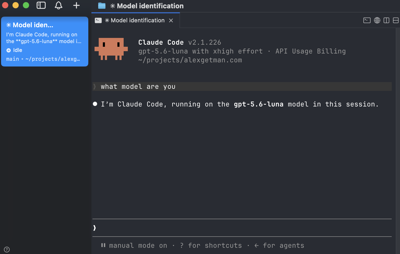 Claude Code running on gpt-5.6-luna