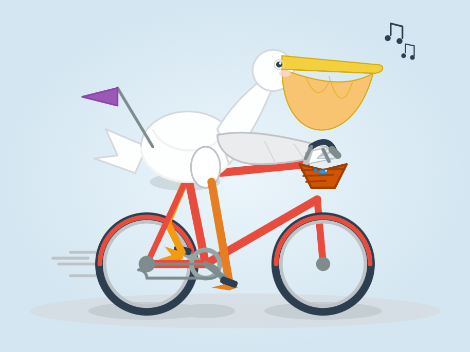 The pelican again, this time on a red bicycle against a pale blue background, with a bright yellow beak and pouch, a purple pennant flag on the back, a wicker front basket holding a small fish, and black musical notes floating in the top right corner.