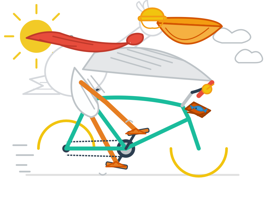 A similar cartoon pelican cycling, drawn in a looser outlined style: the bird's body is mostly white line art, its orange beak pouch hangs open under a yellow cap, a long red tongue streams backwards towards a yellow sun, and a small blue fish sits on a tray by the handlebars of a green bicycle whose wheels are drawn as broken yellow arcs.