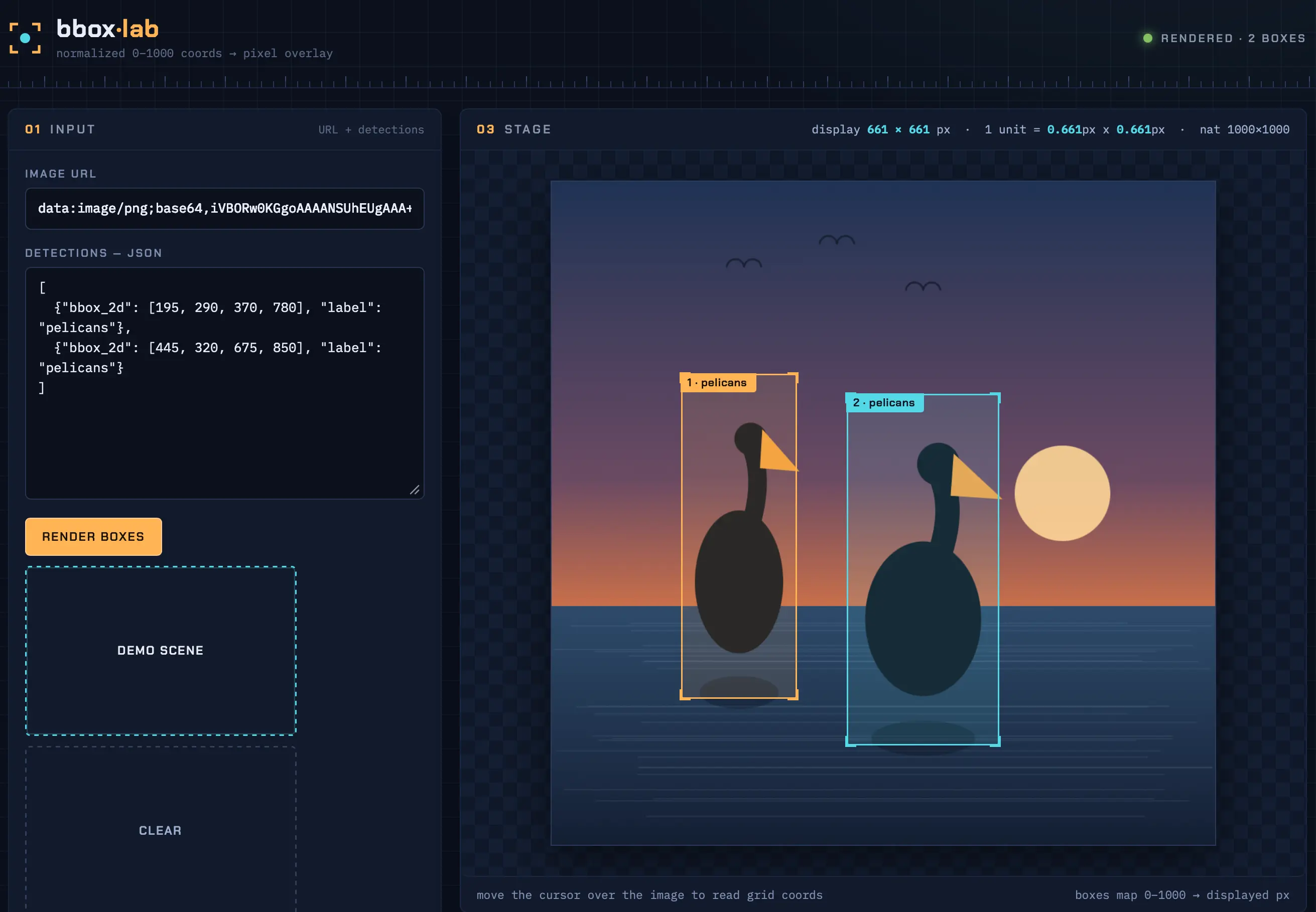 Screenshot of bbox·lab, a dark-themed web tool that overlays object-detection bounding boxes on an image, with an input panel on the left and a stage on the right showing two labeled boxes around stylized pelicans in a sunset illustration. Header: bbox·lab — normalized 0–1000 coords → pixel overlay; status indicator: RENDERED · 2 BOXES. Panel 01 INPUT (URL + detections) contains an IMAGE URL field
