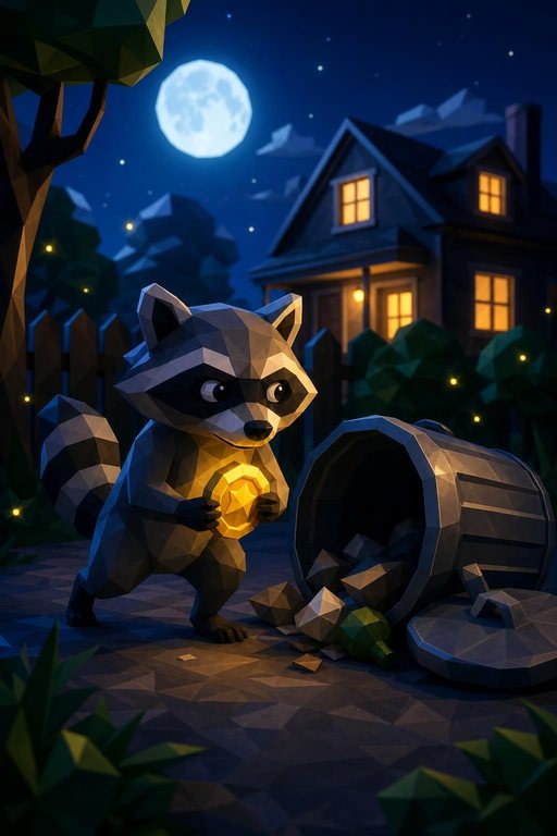 Polygon raccoon holding a gold coin next to an overturned trash can, a house and the moon in the background.